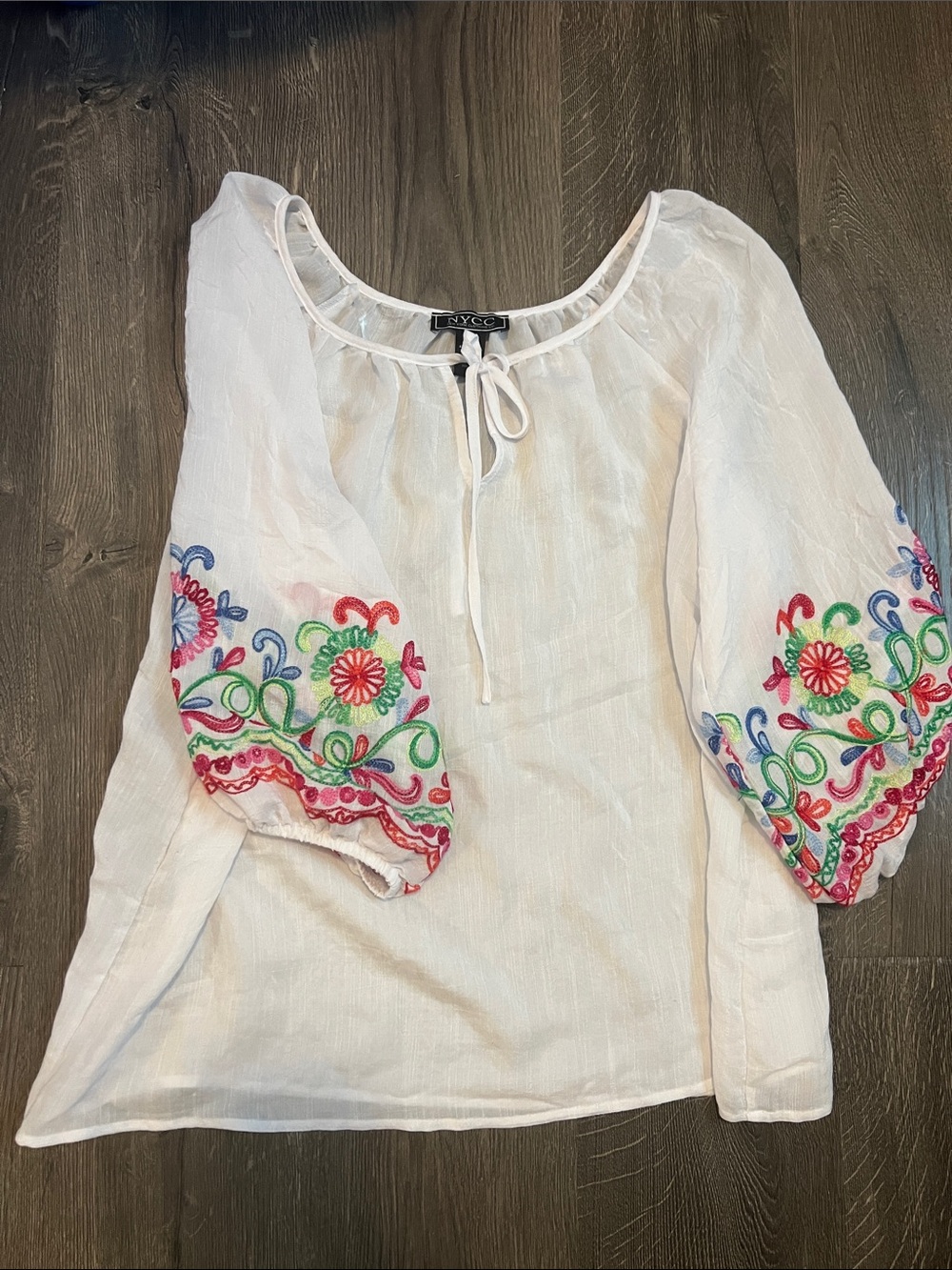 NY & Co. White Embroidered Peasant Blouse with Colorful Sleeve Detail